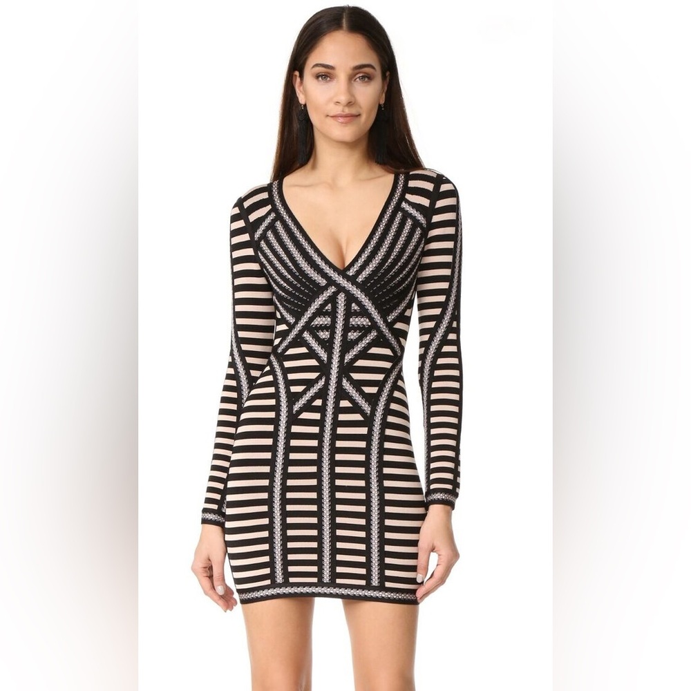 Herve Leger STELLA Bare Combo Sleeved Bandage Dress Black Tan Small Long Sleeve